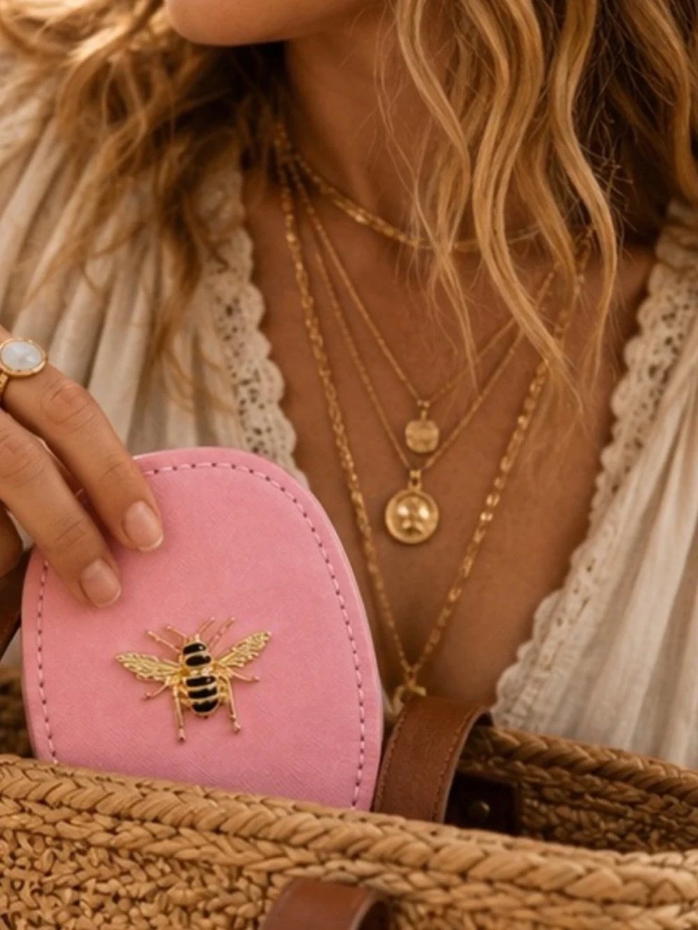 Linen Bee Compact Mirror - Pink